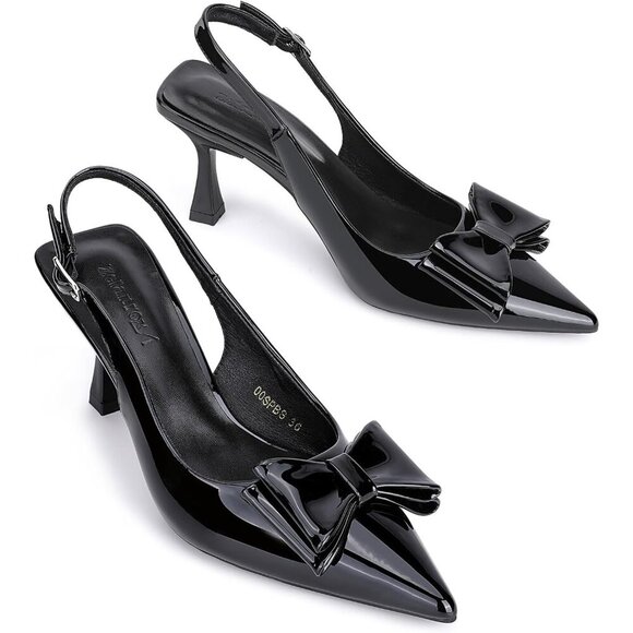 🆕 Black Faux Leather Slingback Kitten Heels w/ Bow Pointed Toe Dress Pumps - Picture 1 of 8